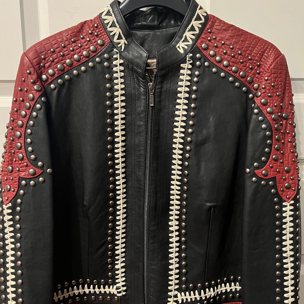 Double D Ranch Black/Red Leather Jacket, New with Tags